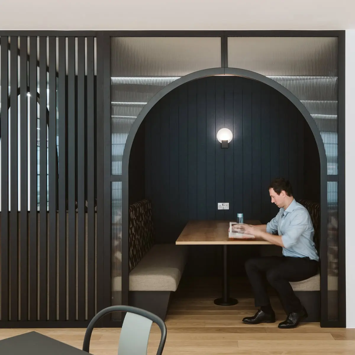 Enclosed focus booth at GXO